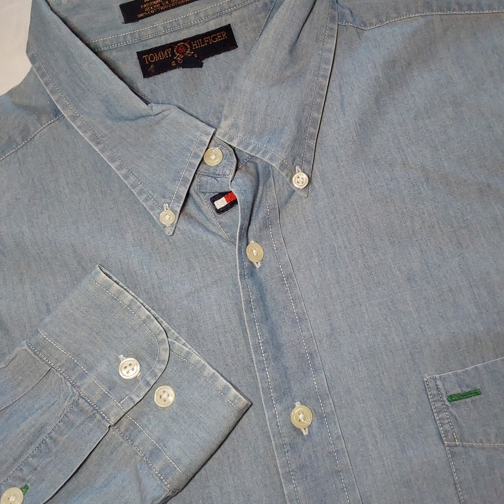 Tommy Hilfiger‎ Golf Denim Men's Dress Shirt XLarge Blue Button Down Logo Pocket
